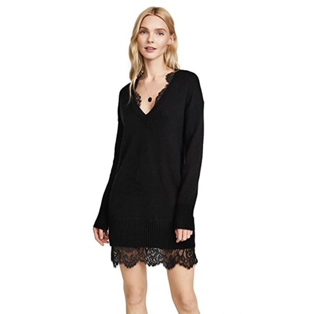 Brochu Walker Sweater Dress Women XS Grey Wool Cashmere Lace Trim V-Neck Tunic